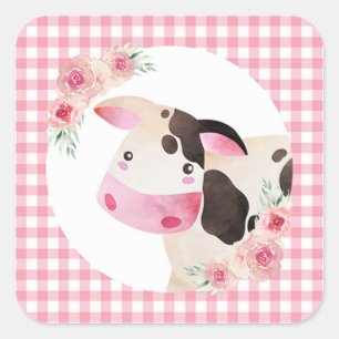Sticker Carré Floral de vache En vichy rose