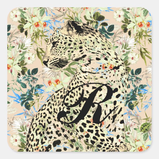 Sticker Carré Floral empreinte de léopard tropical hawaïen (Devant)