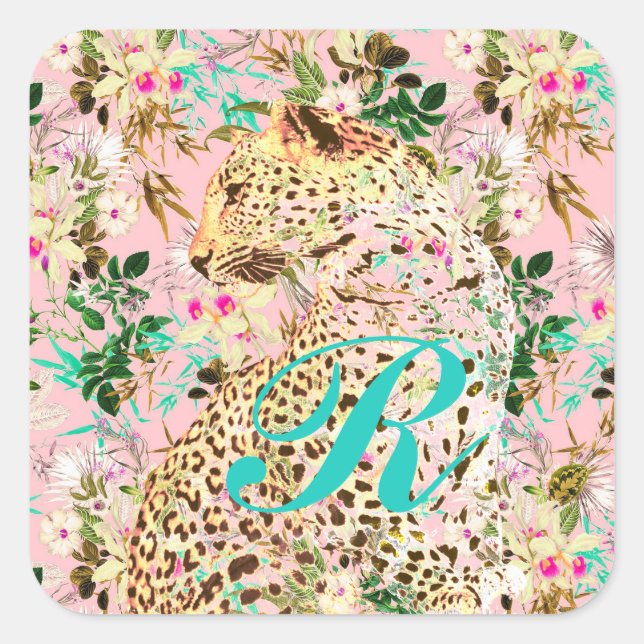 Sticker Carré Floral empreinte de léopard tropical hawaïen (Devant)