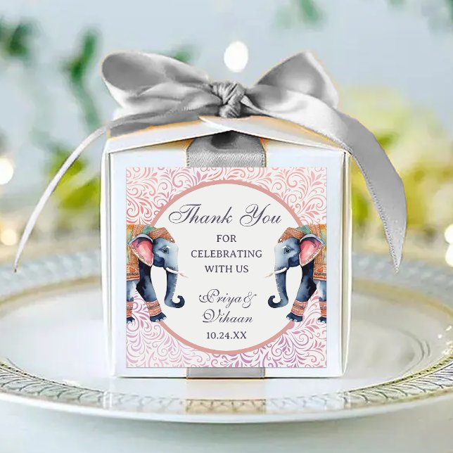 Sticker Carré Floral Indian Elephant Mariage Retour Cadeau Favor (return gift favor sticker labels, indian wedding favors, hindu wedding favors, mehndi sangeet)