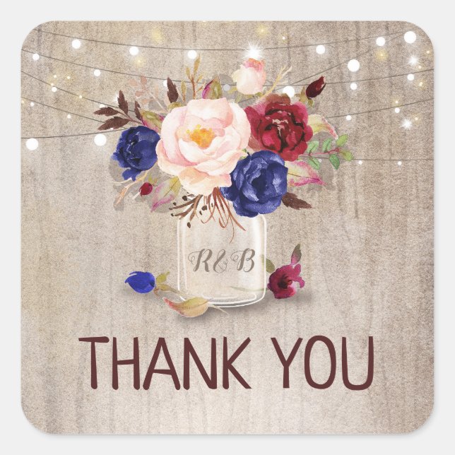 Sticker Carré Floral Mason Jar Rustique Mariage Merci (Devant)