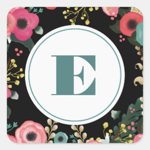 Sticker Carré Floral moderne noir   Rose   Mariage Monogramme Tu