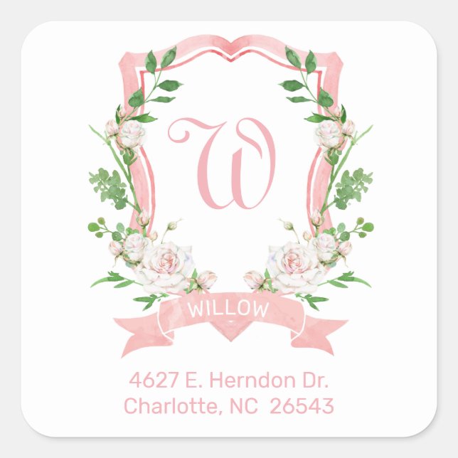 Sticker Carré Floral Monogramme Crest Adresse de retour (Devant)