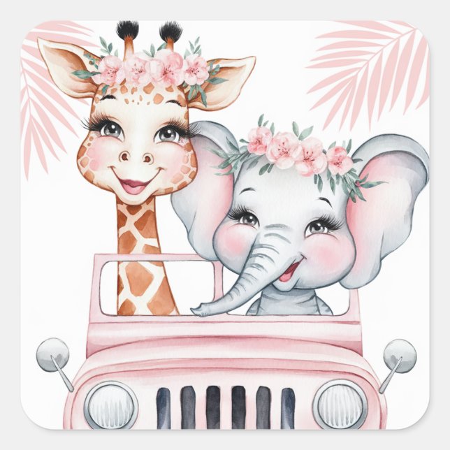 Sticker Carré Floral Safari aventure Baby shower fille rose (Devant)