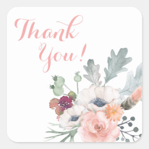 Sticker Carré Floral Script rose élégante pivoines Rose Merci