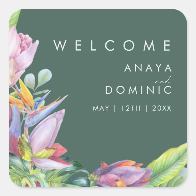 Sticker Carré Floral tropical coloré | Bienvenue au Mariage vert (Devant)