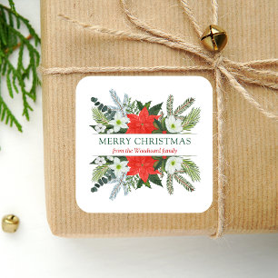 Sticker Carré Floral Wintergreen Joyeux Noël Aquarelle