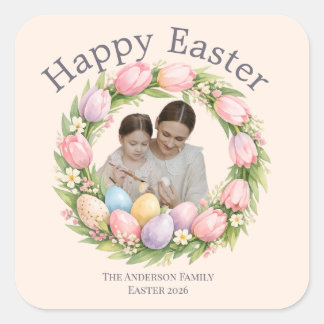 Sticker Carré Floral Wreath & Family Photo Personalized Easter 