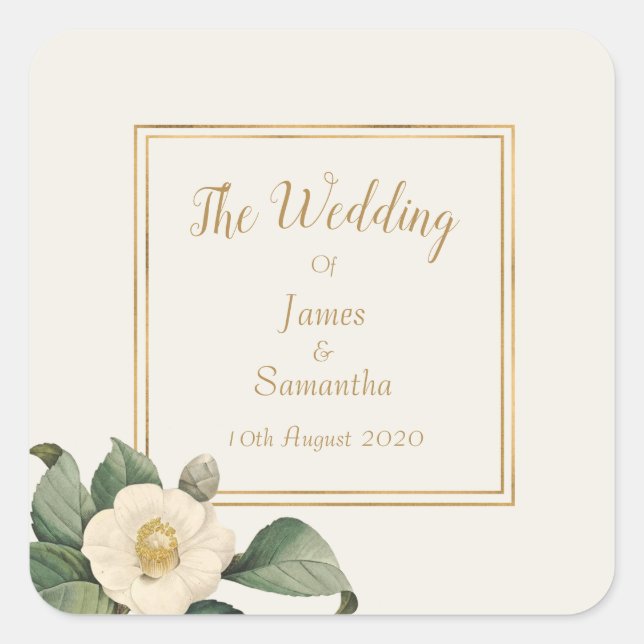 Sticker Carré Flore blanche simple | Sceau d'enveloppe Mariage (Devant)