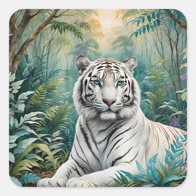Sticker Carré Flore de la jungle de Tigre blanc (Devant)