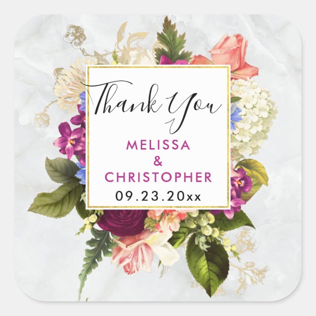 Sticker Carré Flore rose et blanche moderne Merci Mariage (Devant)