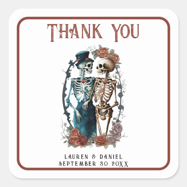 Sticker Carré Flore Rose Skeleton Amateurs Mariage Merci (Devant)