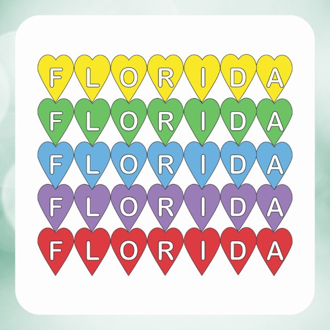 Sticker Carré Florida Rainbow Hearts (A sticker that says Florida in a rainbow heart pattern.)