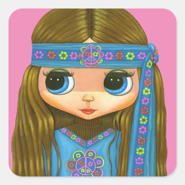 Sticker Carré Flower Power Hippie Chick Headband Big Eyes mignon (Devant)
