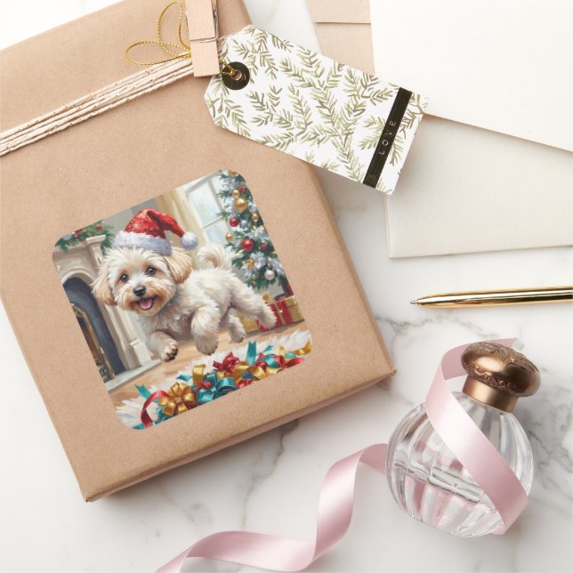 Sticker Carré Fluffy Bichon Frise Dog Joyful Christmas (Cadeaux)