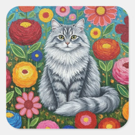 Sticker Carré Fluffy Gray Striped Cat with Folk Art Flowers