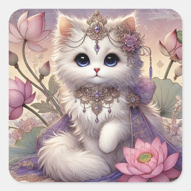 Sticker Carré Fluffy Lotus Princess Cat (Devant)