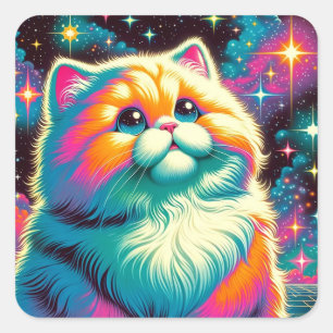 Sticker Carré Fluffy Orange Rose Chat dans l'espace