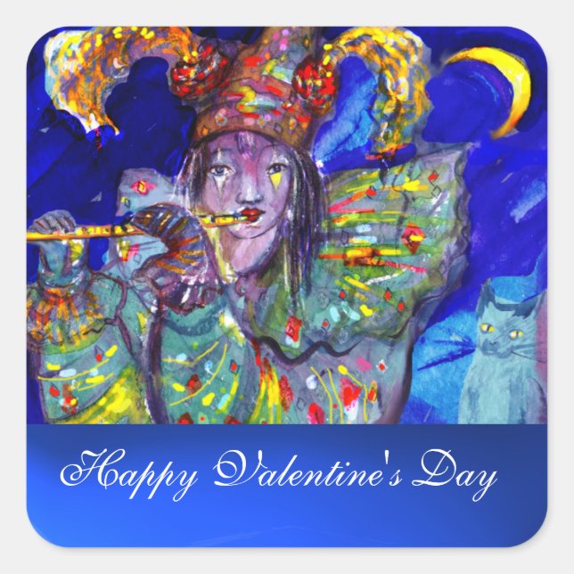 Sticker Carré FLUTISTE EN BLEU / Mascarade Saint Valentin (Devant)