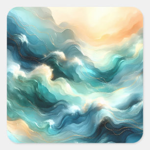 Sticker Carré Flux d'océan doré Vagues abstraites