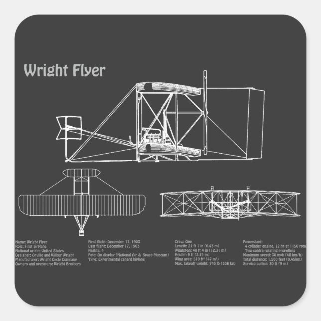 Sticker Carré Flyer Wright - Plan de dessin du plan d'avion (Devant)