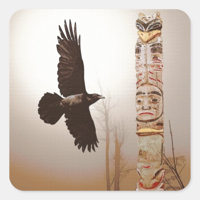 Sticker Carré Flying Raven & Totem-Pole Imaginaire Art (Devant)