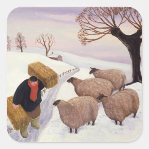 Sticker Carré Foin de transport aux moutons en hiver
