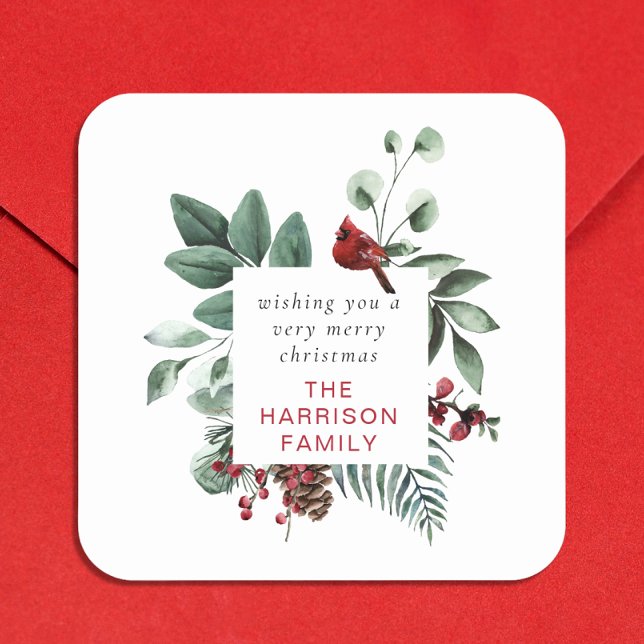 Sticker Carré Foliage d'hiver Cardinal rouge Personnalisé Joyeux (Créateur téléchargé)
