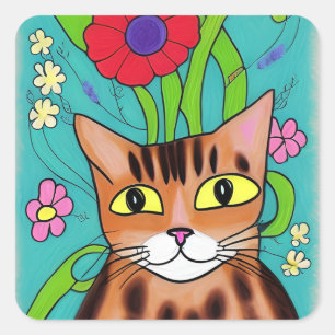 Sticker Carré Folk Art drôle Chat avec Fleur Rouge