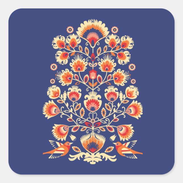 Sticker Carré 💙 💛 🧡 Folklore aux fleurs jaunes et aux oiseaux (Devant)