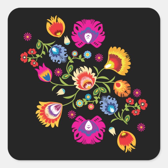 Sticker Carré folklore polonais avec fleurs roses (Devant)