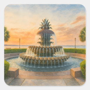 Sticker Carré Fontaine d'ananas de Charleston Coucher du soleil
