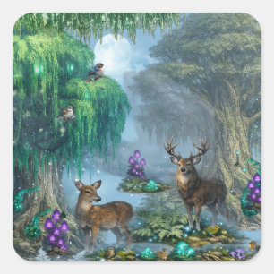 Sticker Carré Forêt au clair de lune bioluminescence