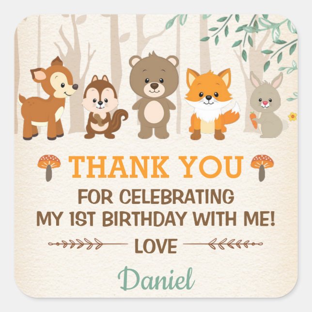 Sticker Carré Forêt boisée mignonne Baby shower d'anniversaire F (Devant)