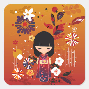 Sticker Carré Forêt de poupées Kokeshi