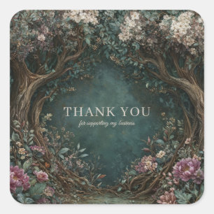 Sticker Carré Forêt Enchantée Arbre Rustique Pivoine Rose Peintr