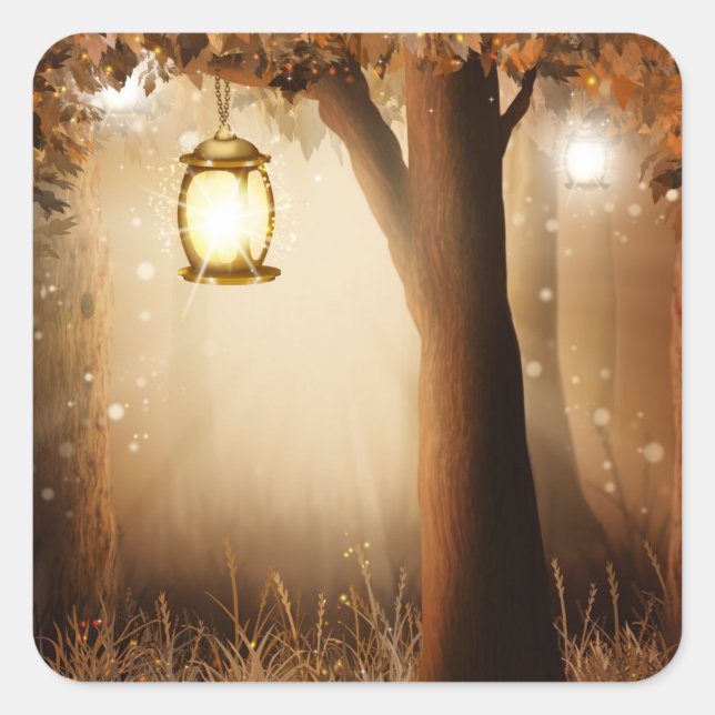 Sticker Carré Forêt magique avec lumières des fées (Devant)