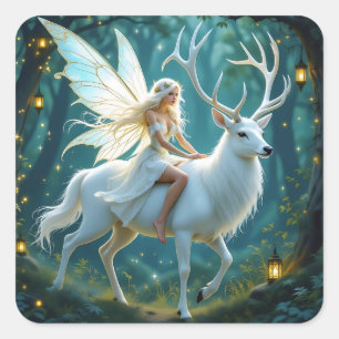 Sticker Carré Forêt Magique de la Fée et du Cerf Blanc