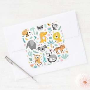 Sticker Carré Forêt tropicale mignonne Animaux