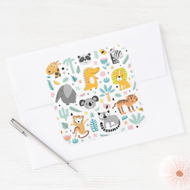 Sticker Carré Forêt tropicale mignonne Animaux (Enveloppe)