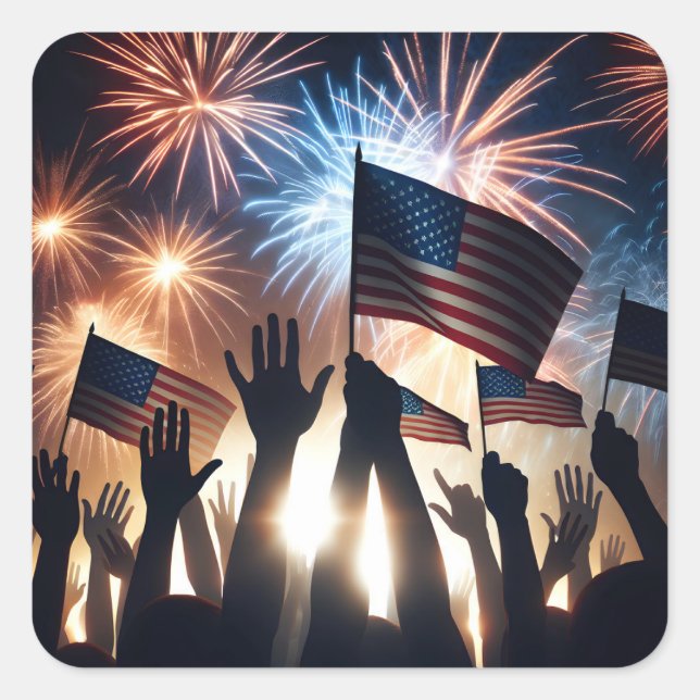 Sticker Carré Foule avec drapeaux américains et feux d'artifice (Devant)
