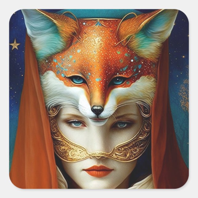 Sticker Carré Fox Femme Surreal Imaginaire Art (Devant)