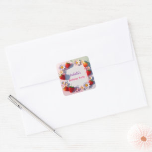 Sticker Carré Fraise rouge rose fête d'anniversaire pour enfants