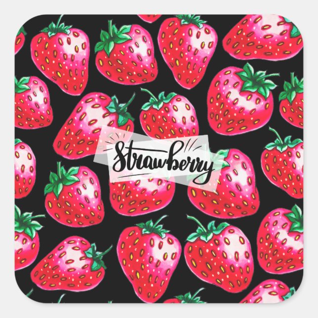 Sticker Carré Fraise rouge sur arrière - plan noir (Devant)