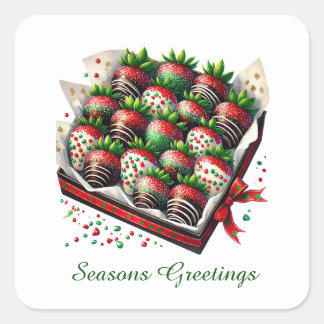 Sticker Carré Fraises Joyeuses Fêtes enrobées de bonbon