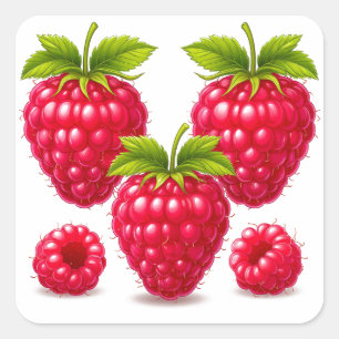 Sticker Carré Framboises Mûres Fraîches avec Feuilles Vertes