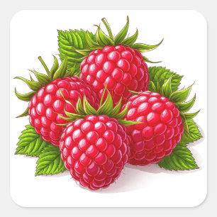 Sticker Carré Framboises Mûres Fraîches avec Feuilles Vertes