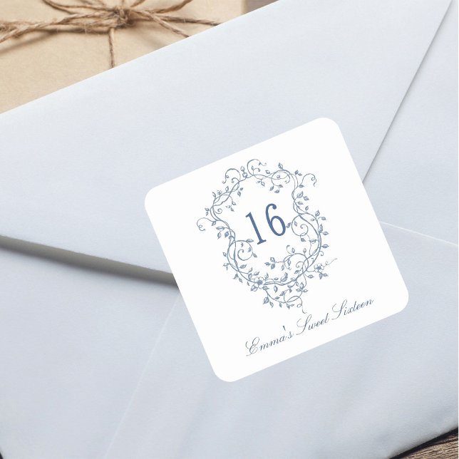 Sticker Carré Français Bleu Floral Crest Sweet 16 Anniversaire (Créateur téléchargé)