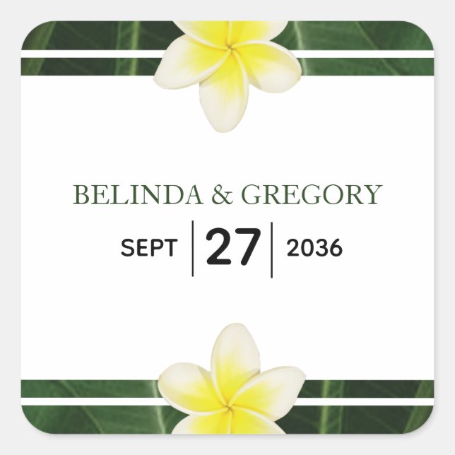 Sticker Carré Frangipani jaune Plumeria Mariage (Devant)