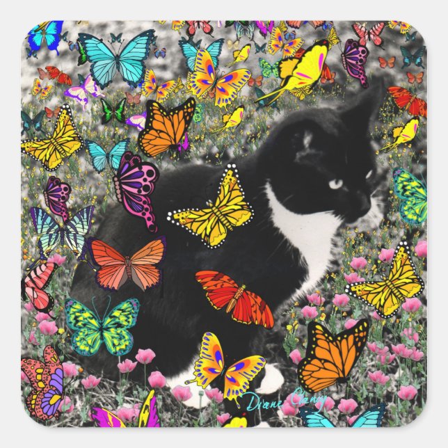 Sticker Carré Frapules en papillons - Chat Tux noir & blanc (Devant)